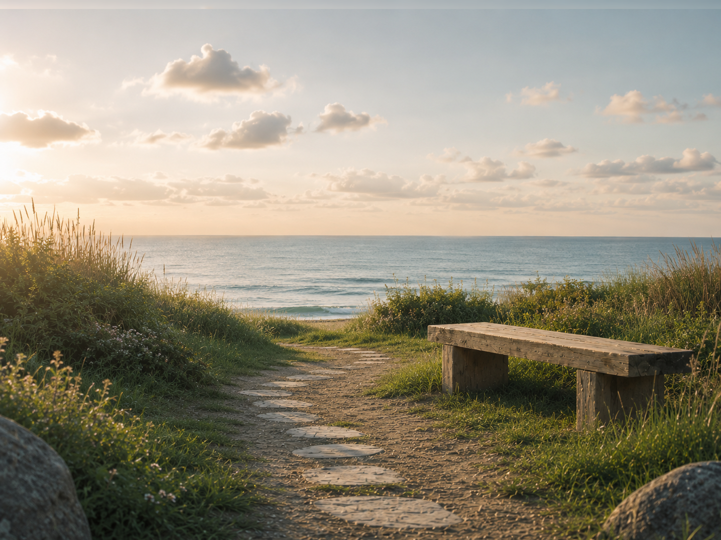 Küstenweg mit Bank und Blick auf das Meer in ruhiger Abendstimmung