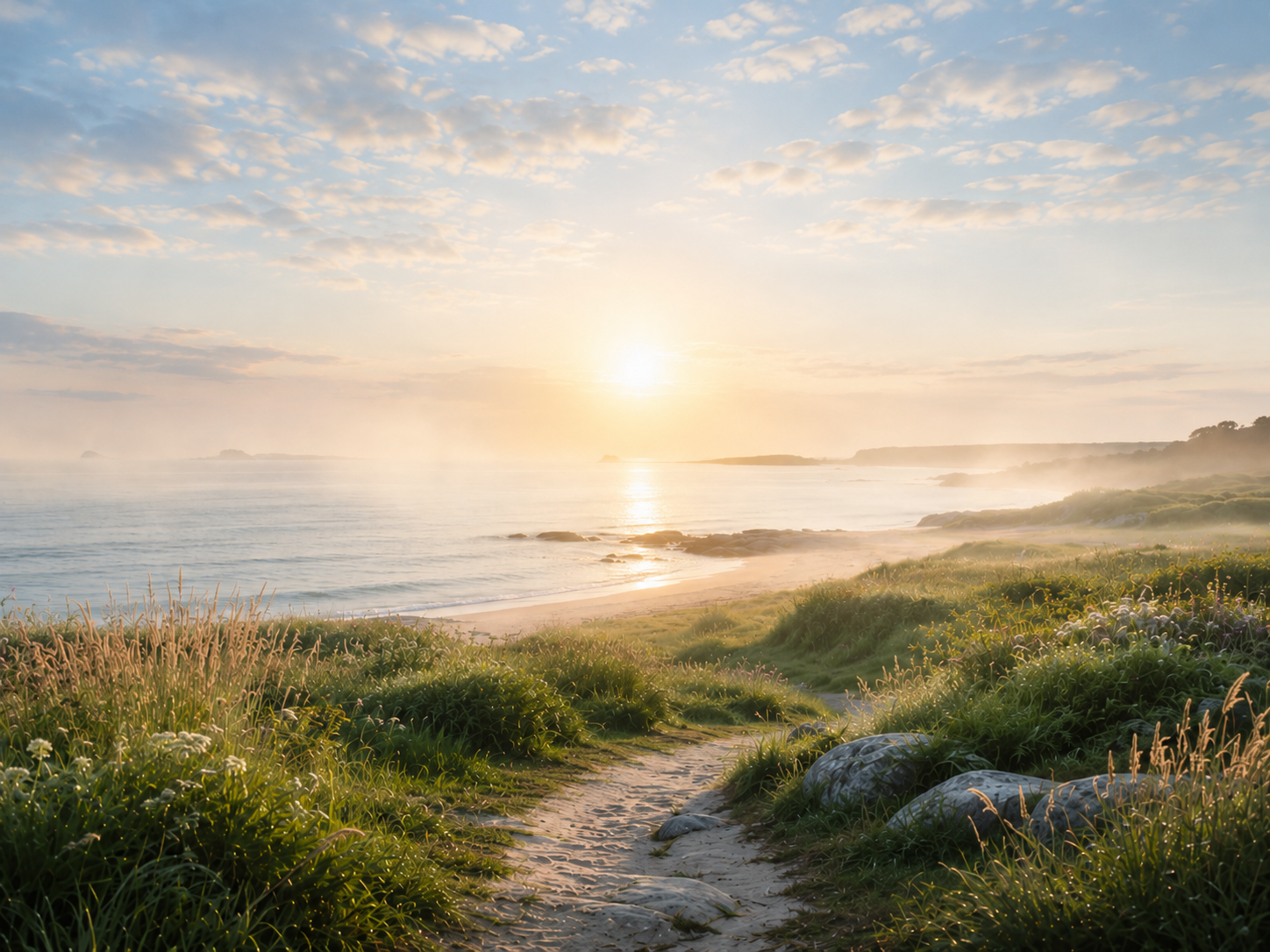 Weg zum Meer in ruhiger Morgenstimmung mit sich lichtendem Nebel